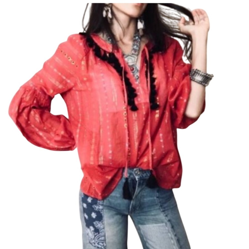 Belle Vere Red Boho Tassel‎ Embroidered Long Sleeve Peasant Blouse Women's M